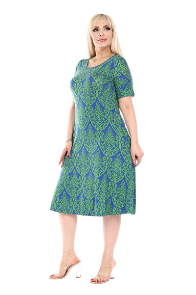 MELSAY Women's Short Sleeve Green Lace Pattern A-Line Plus Size Dress