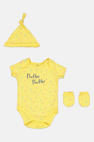 MOTHERCARE Toddlers Girl 3 Pieces Allover Print Bodysuit Beanie And Gloves Set, Multicolor