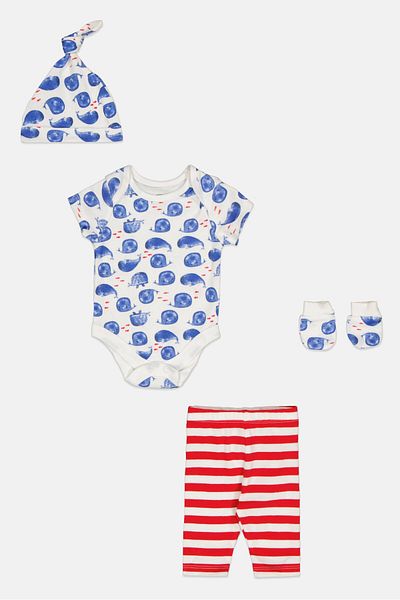 MOTHERCARE Toddlers Girl 4 Pieces Allover Print Bodysuit Bottom Beanie And Gloves Set, Multicolor