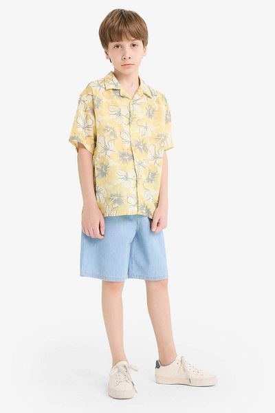 DeFacto Boy's Oversize Wide Fit Polo Neck Patterned Viscose Short Sleeve Shirt F5671A825Hs