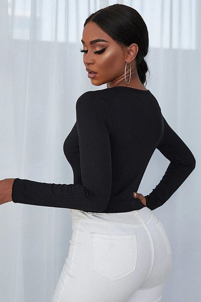 DEFNADA Women's Black Long Sleeve Buttoned Crop Top Blouse with Low-Cut Chest and Belly
