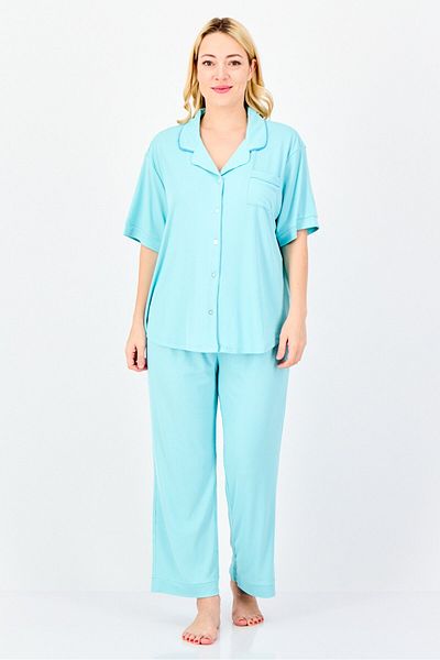 PJ Couture Women 2 Pieces Ribbed Short Sleeve Pajama Top And Bottom Set, Turquoise