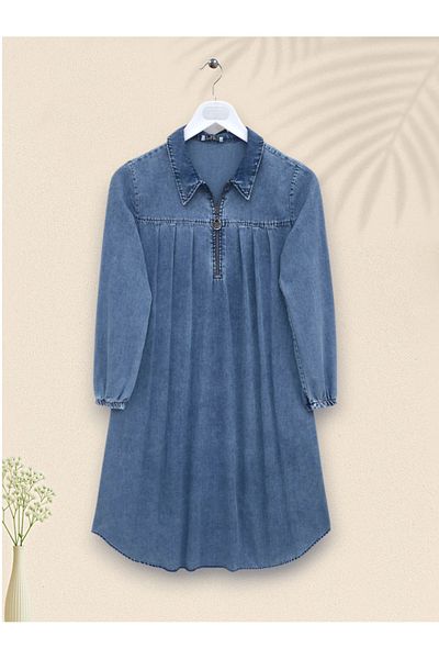 Modamorfo Half Zipper Sleeve Elasticated Denim Tunic - Ice Blue