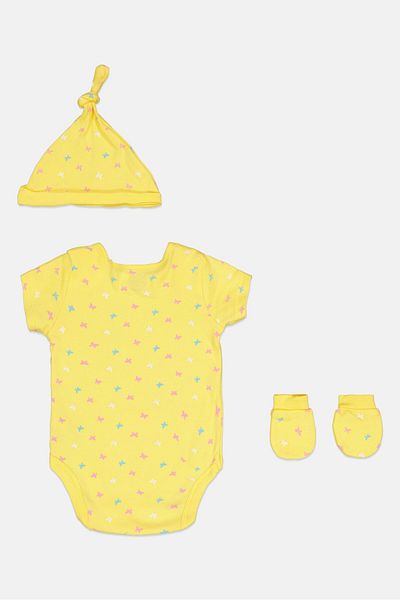 MOTHERCARE Toddlers Girl 3 Pieces Allover Print Bodysuit Beanie And Gloves Set, Multicolor