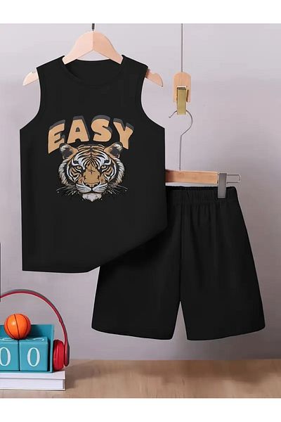 YUNAYT Children's Sleeveless T-Shirt and Shorts Set with Pockets
