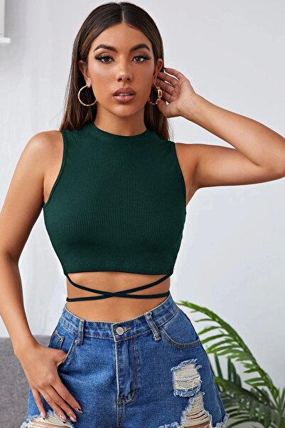 Beruflic Women's Green Cross Tie Crop Top Bustier