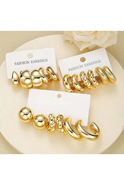 Perry Accesories 9 çift küpe seti bombe küpe bottega küpe halka küpe tırtıklı küpe kadın gold küpe seti 9 çift