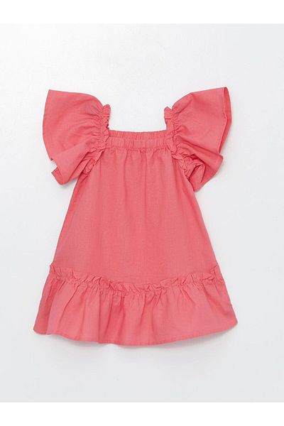 LC Waikiki Lcw Kids Square Neck Short Sleeve Linen Blend Baby Girl Dress