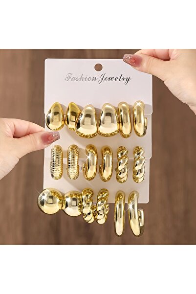 Perry Accesories 9 çift küpe seti bombe küpe bottega küpe halka küpe tırtıklı küpe kadın gold küpe seti 9 çift