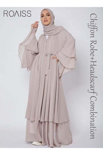 ROAISS Solid Color Double Layered Chiffon Muslim Abaya Dress