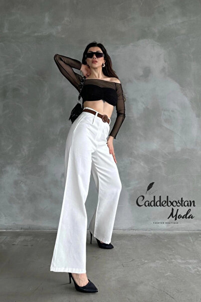Caddebostan Moda Women's Black Linen Trousers with Belt