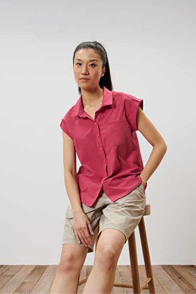 Tchibo Women Spread Collar Short Sleeves Plain Blouse, Dark Pink