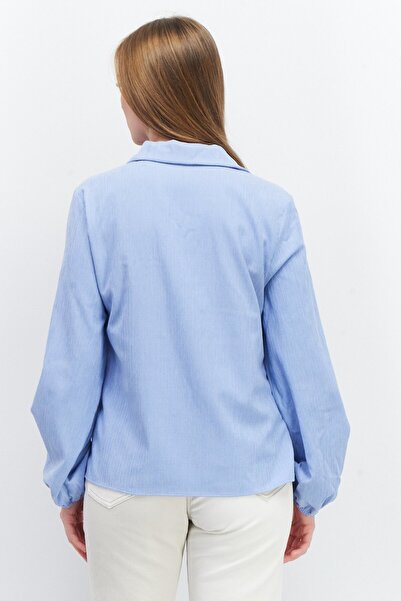 Tchibo Women Spread Collar Long Sleeve Textured Top, Blue