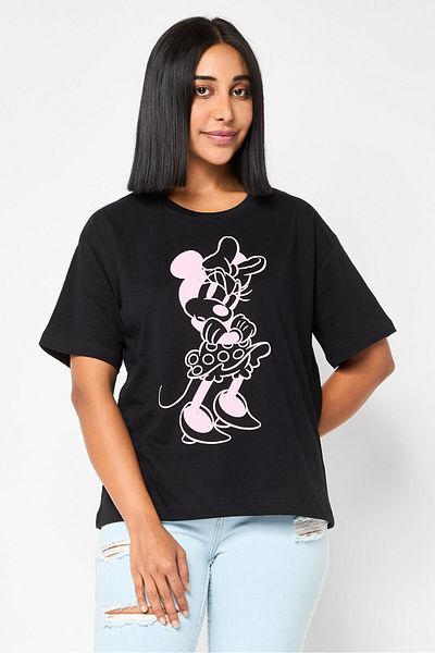 Disney x Mickey and Friends Women Crew Neck Printed Crop T-Shirt, Black