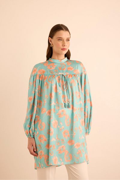 Aker Floral Patterned Tunic with Shoulder Cup and Gather Detail
