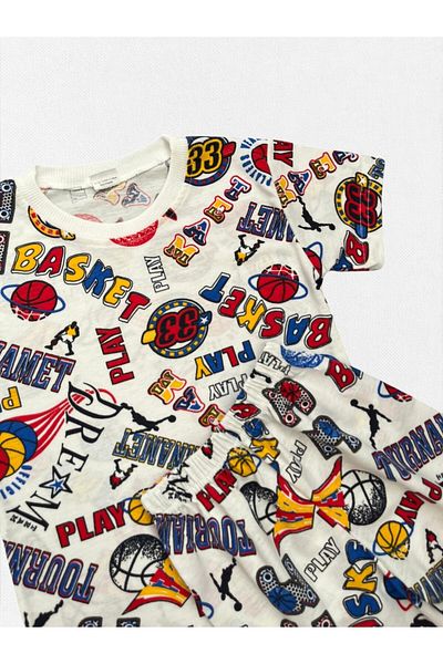 Fil Kids Boys' Cotton White Basketball Patterned Short Sleeve Shorts Summer Pajamas Set