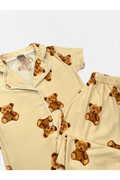 Fil Kids Girls' Milan Fabric Stretchy Beige Teddy Bear Patterned Shirt Collar Buttoned Short Sleeve Pajama Set