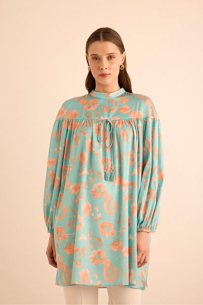 Aker Floral Patterned Tunic with Shoulder Cup and Gather Detail