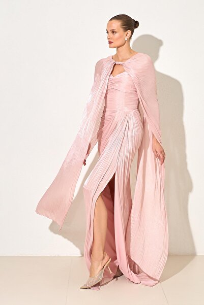 Setre Wide Fit Evening Dress with Powder Cape and Drape Detail