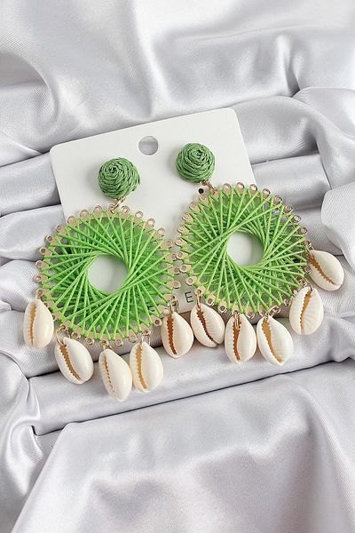 Clariss Green Straw Weave Spiral Model Gold Color Women's Earrings with Hanging Seashell Detail