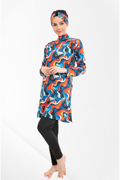 Pajama Shop Women's Black Orange Patterned Full Covered Quick Dry Tight Weaving Fabric Long Sleeve Leggings Checkered Swimsuit