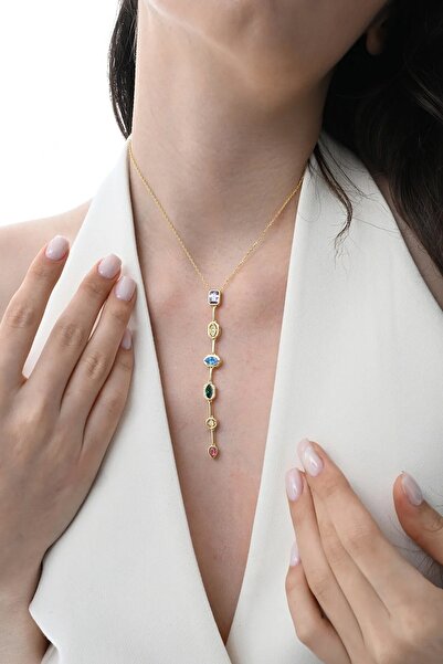 Söğütlü Silver Gümüş altın yaldızlı asimetrik kesim renkli zirkon taşlı Y kolye SGTL12866GOLD