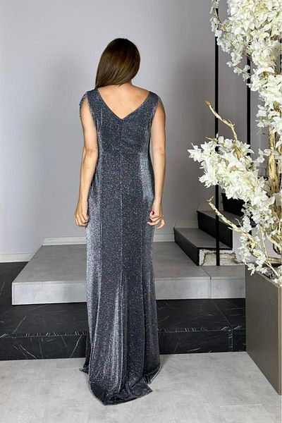 gesmoda G1444 Stone Detailed Glitter Maxi Evening Dress Anthracite