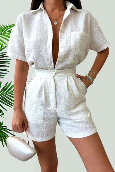 FashionForYou Set with crepe cotton, Jolin, shirt and shorts with pleats, White, L
