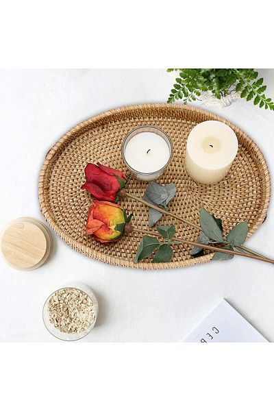COOYA Handwoven Rattan Tray,Made of natural rattan,with Side Handles,for Serving Food, Fruit,Bread