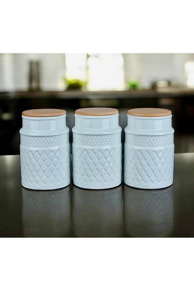Kitchen Pembelia 3-piece bamboo lid porcelain 1500 ml large size jar set for legume tea sugar salt coffee storage set