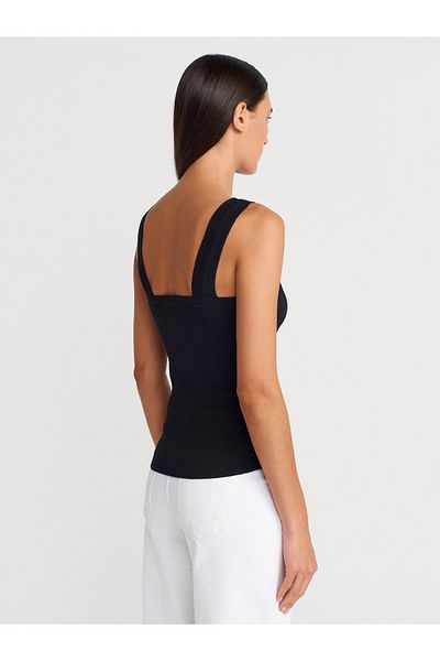 Dilvin 10770 Square Neck Strap Knitwear Blouse-Black