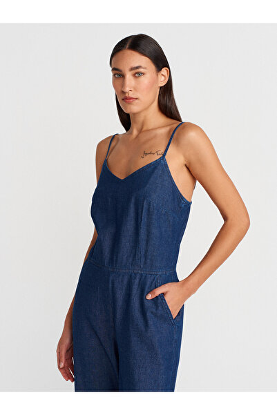 Dilvin 72012 Thin Strap Denim Jumpsuit-Navy Blue