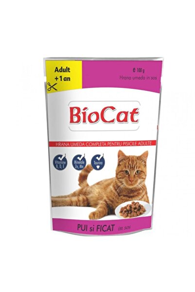 Biocat Hrana umedă premium pentru pisici adulte, BioCat, cu pui și ficat în s...