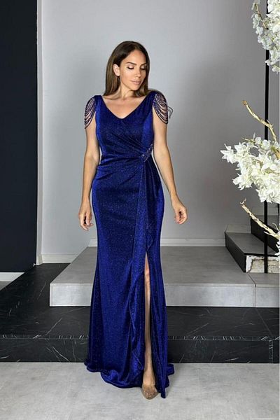 gesmoda G1444 Stone Detailed Glitter Maxi Evening Dress Navy Blue