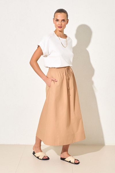 Setre Camel 100% Cotton Comfortable Cut Midi Length Skirt with Elastic Waist
