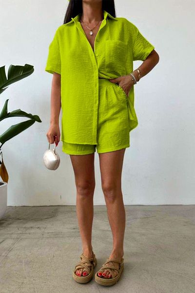 FashionForYou Set With Crepe Cotton, Jolin, Shirt And Shorts With Pleats, Olive Green, M
