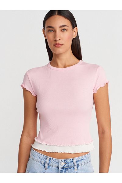 Dilvin 31876 Double Look Short Sleeve Top-Dust Pink