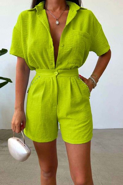 FashionForYou Set With Crepe Cotton, Jolin, Shirt And Shorts With Pleats, Olive Green, M