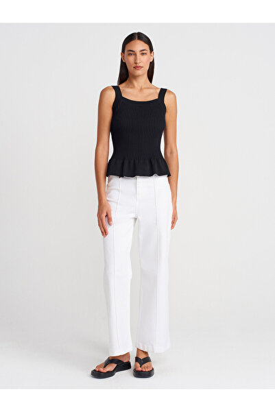 Dilvin 10775 Kare Yaka Askılı Fırfırlı Triko Bluz-Siyah