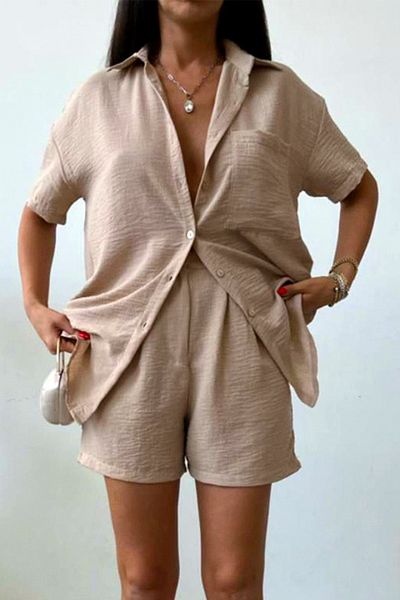 FashionForYou Set with crepe cotton, Jolin, shirt and shorts with pleats, Beige, L