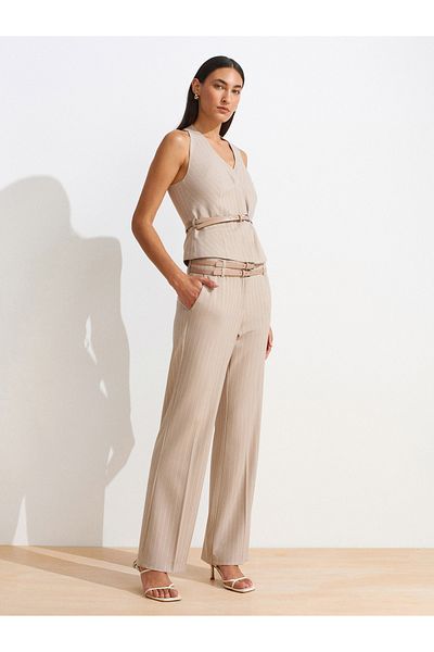 Dilvin 72129 Double Belted Trousers-Beige