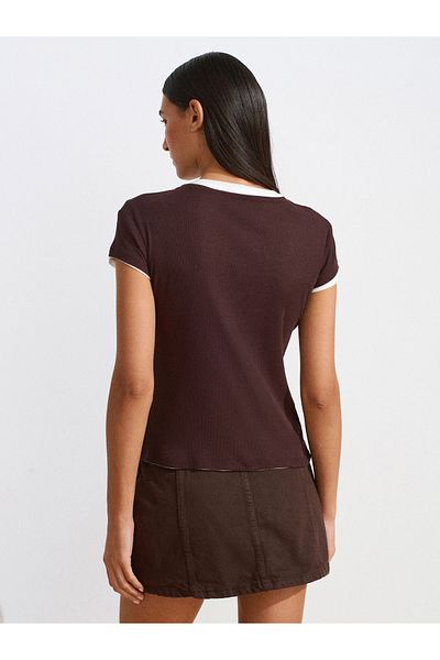 Dilvin 31783 Double Layer Buttoned T-Shirt-Brown
