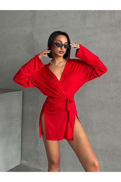 The Base Women's Red Miyabi Double Breasted Kimono with Belt Detail
