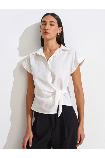 Dilvin 50505 Double Breasted Shirt with Tie Detail-White