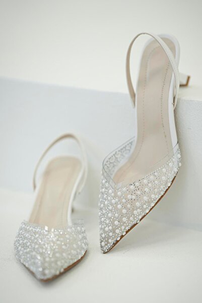 Parponi Tommen İncili Kadın Topuklu Şeffaf Ayakkabı Beyaz