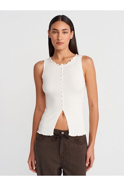Dilvin 60972 Ribbed Buttoned Thin Knitwear Vest-Ecru