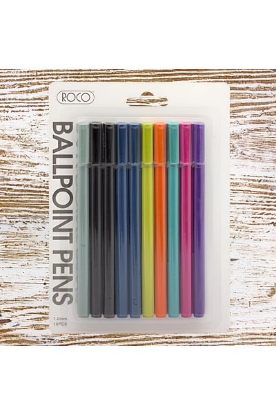 Roco Dry Ink Ballpoint Pens – 1 mm Tip, Assorted Ink Colors | Pack of 10