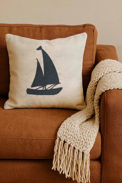 Rivaİstanbul Navy Blue Sailboat Straw Look Woven Punch Throw Pillow Cover