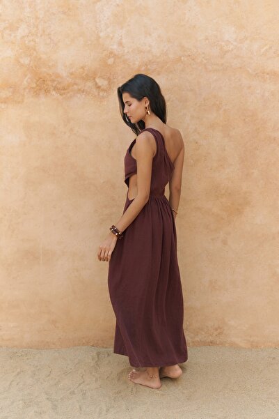 BOHEMAİ Mharia Asymmetric Detail Burgundy Long Linen Dress