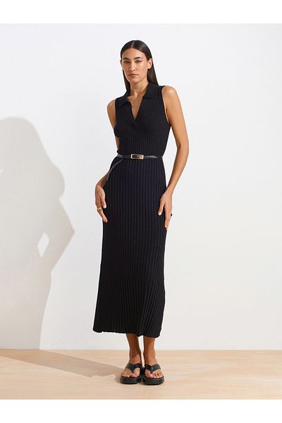 Dilvin 90249 V Polo Neck Ribbed Knitwear Dress-Black